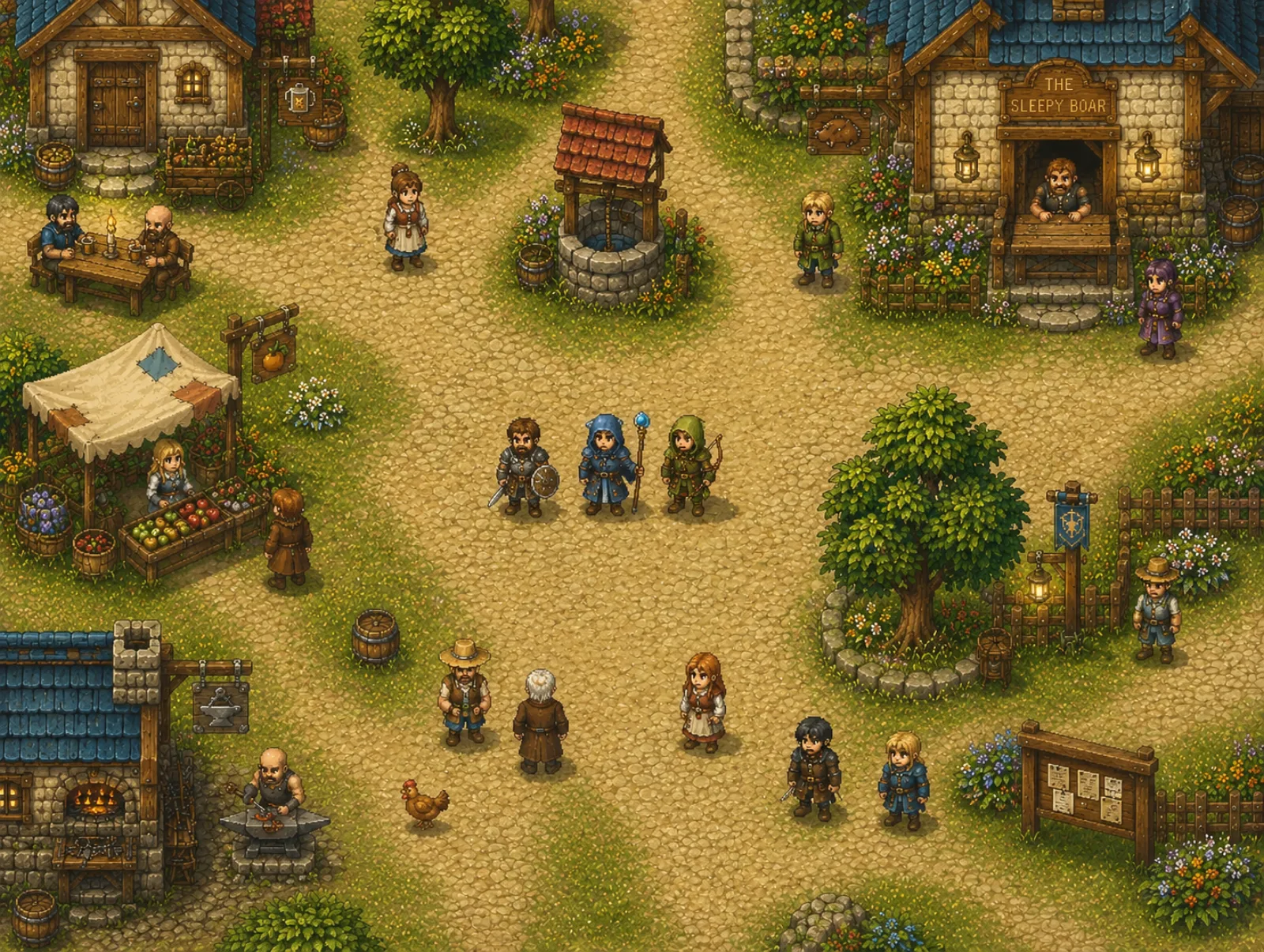 2D pixel town — cozy life